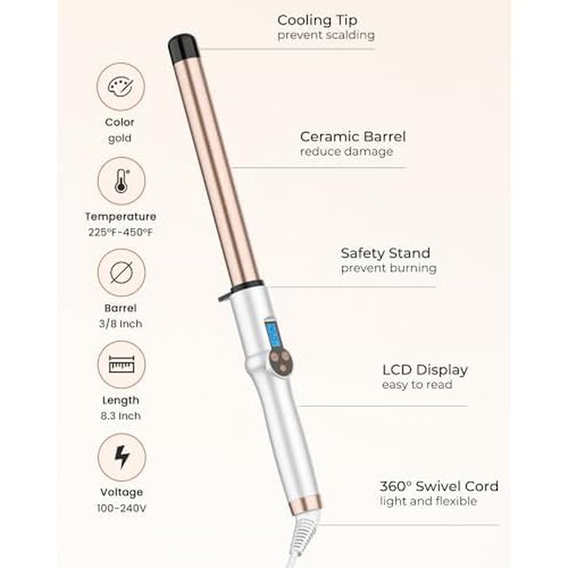 1 Inch Extra Long Barrel Curling Wand, Ceramic Tourmaline Curling Wand Professional Dual Voltage with Adjustable Temperature