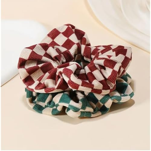 Generic 2 Pcs Checkered Plaid Hair Scrunchies, Soft Velvet Cotton Elastic Hair Ties, For All Hair Types, Women Girls Hair Accessories, Fall, Christmas (Burgundy+Green)