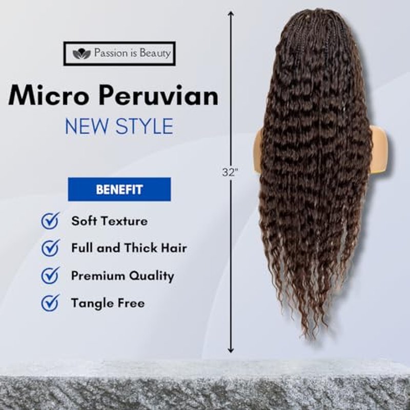 PIB Single Full Lace Braid Wig ? Micro Boho Peruvian Deep Wave Box Braided Wig, Knotless Braided Wigs for Black Women, Curly Hair Wig (#4 Medium Dark Brown, 32" Small-Medium)
