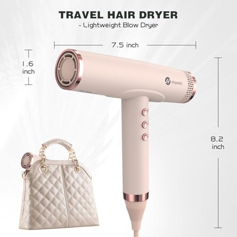 slopehill Professional Ionic Hair Dryer, High-Speed Blow Dryer with Brushless Motor for Salon Use, Lightweight Compact Hairdryer for Travel, Low Noise Quiet for Home, Ceramic Pink