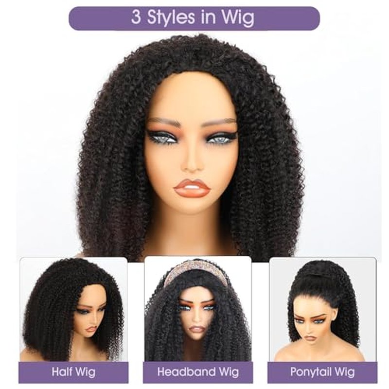 OQ Hair Afro Curly Half Wig Human Hair 180% Density 3 In 1 Beginner Friendly Glueless Wear and Go Kinky Curly Half Human Hair Wig for Women 14 Inch