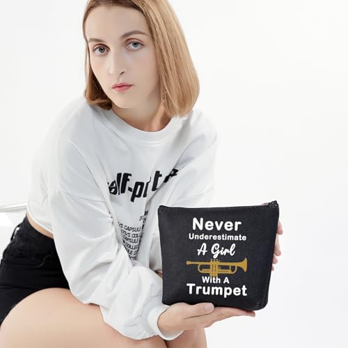 LELVO Funny Trumpet Gift Never Underestimate A Girl With A Trumpet Makeup Bags Trumpet Lovers Zipper Pouch (Girl With A Trumpet+black)
