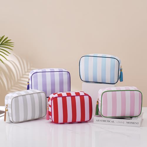 Large Stripe Canvas Zipper Makeup Bag,Aesthetic Tassel Travel Cosmetic Bag,Coquette Toiletry Bag, Girls Handbags Purses,Accessories Storage Bag for Women Girls (Pink)