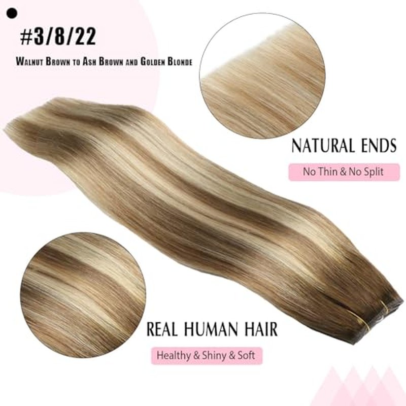 SURNEL Wire Hair Extensions 20 inch Balayage Walnut Brown to Ash Brown and Golden Blonde Invisible Wire Human Hair Extensions 80g(20,3/8/22)