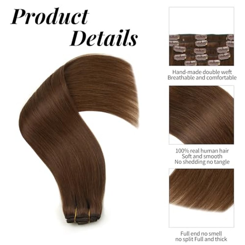 Clip in Hair Extensions Human Hair 100% Brazilian Virgin Human Hair 7pcs Per Set with 16Clips Double Weft (22 Inch 120g, #4 Chotolate Brown)