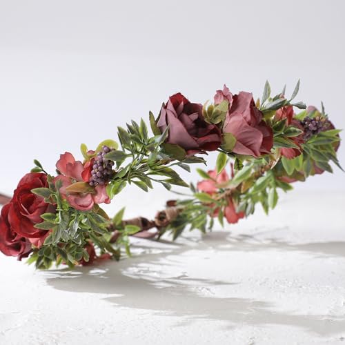 Fairy Flower Crown Headband - Red Purple Rose Floral Headpiece with Ribbon Forest Flower Headbands for Women Girls Renaissance Costume Cosplay Wedding Festival Party Headdress