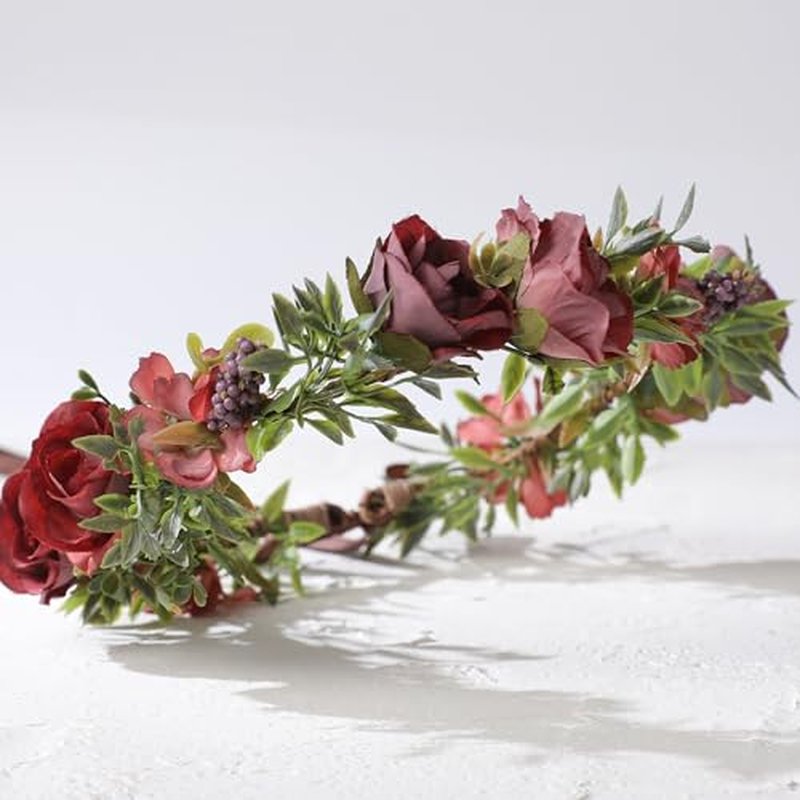 Fairy Flower Crown Headband - Red Purple Rose Floral Headpiece with Ribbon Forest Flower Headbands for Women Girls Renaissance Costume Cosplay Wedding Festival Party Headdress