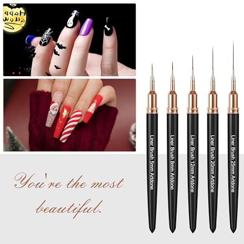 Artdone Metallic Nail Art Pens, Liner Brushes Set, 5PCS Black Color Nail Tools For Long Lines, Thin Details, Fine Drawing, Liner Brush UV Gel Polish Painting Nail Design Sizes 5/8/12/20/25mm