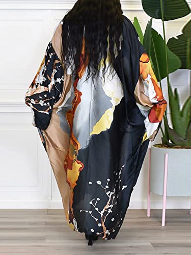 Famnbro Women's Floral Print Satin Robe Kimono Cardigan Open Front Long Cover Ups Outerwear One Size