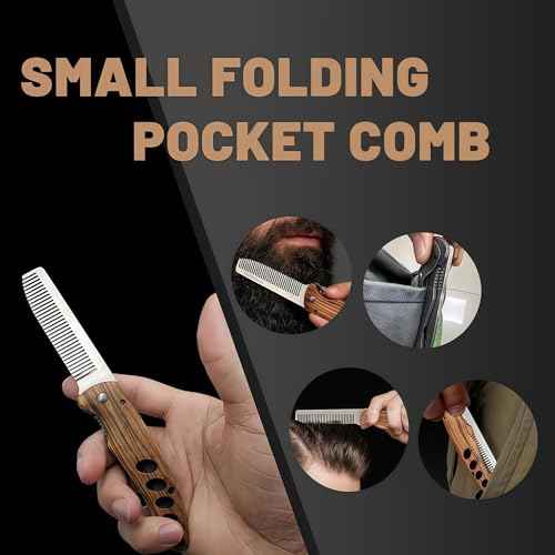 1PC Small Folding Pocket Beard & Mustache & Hair Styling Comb for Men - Metal Tactical Grooming Tool with Wooden Handle, with 180¡Æ Rotatable for Outdoor Travel & Home Use - Length 6.57inch