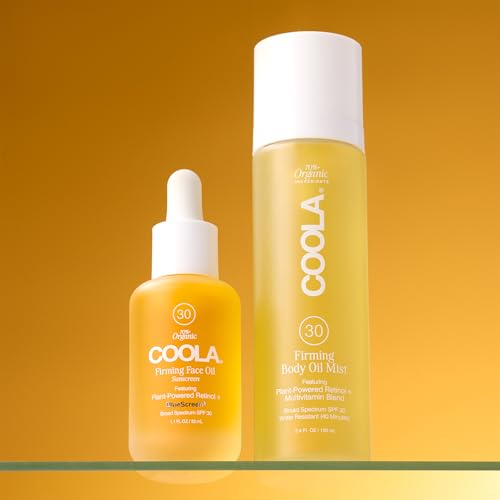 COOLA Firming Body Oil Mist SPF 30, Organic Lightweight Hydrating Sunscreen Mist with Bakuchiol, Vitamins C, D, E, Sea Buckthorn & Moringa Oils, Firms & Smooths Skin, 3.4 Oz