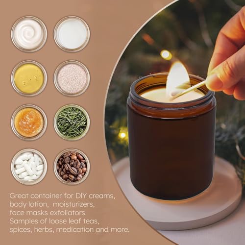 12 Pack 8 oz Round Amber Glass Cosmetic Jars with Black Lids, Spatula, Chalk Labels, Pen, Candle Holder, Refillable Containers for Makeup, Cream, Sugar Scrubs, Bath Salts