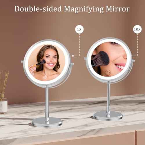 7¡± Magnifying Mirror with Lights,1X/10X Double Sided Lighted Makeup Mirror with Magnification, Rechargeable Battery, Dimmable, 3 Lighting Colors, Chrome