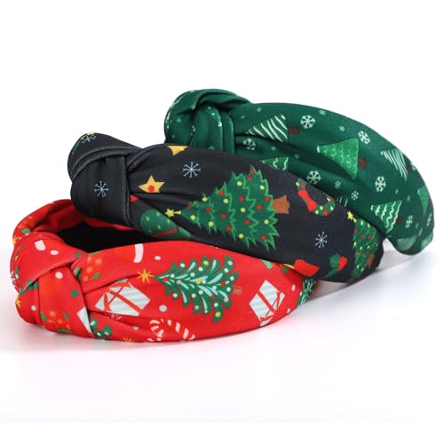 3Pcs Christmas Headbands for Women ? Red & Green Christmas Tree Knotted Hair Hoops, Winter Holiday Accessory