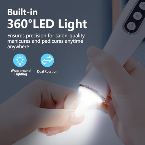 Electric Nail File Drill, Cordless 2000 mAh Rechargeable Nail Filer Electric, Portable Nail Dril 10 Speeds Professional Machine Drill for Nails Acrylic Manicure and Thick Toenails Grinder (White)