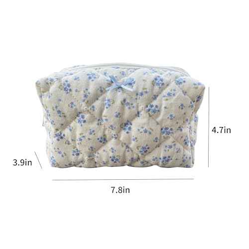 Cotton Quilted Makeup Bag Coquette Accessories Make up Bag Organizer Cute Floral Cosmetic Pouch Travel Makeup Bag for Women (Blue floral)