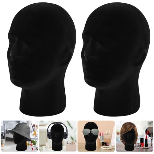 2 Pack Black Mannequin Head Stand, Velvet Male Manikin Head Wig Stand, Foam Head for Wigs, Hats, Glasses, Masks