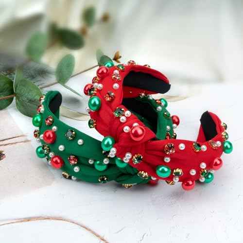 TULOBI Pearl Knotted Headband for Women - Crystal Embellished Wide Christmas Headband for Holiday, Xmas Party Outfits & Gifts (Red)