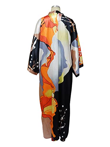 Famnbro Women's Floral Print Satin Robe Kimono Cardigan Open Front Long Cover Ups Outerwear One Size