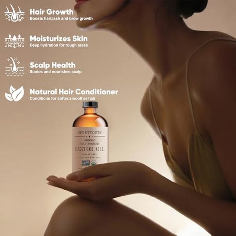 SPORTYOUTH Castor Oil Organic, Cold Pressed, Hexane Free, USDA Certified 100% Pure Glass Bottle 16oz Non-GMO Unrefined Carrier Oil for Hair Growth, Castor Oil Pack, Eyelashes, Brows, Skin, Face