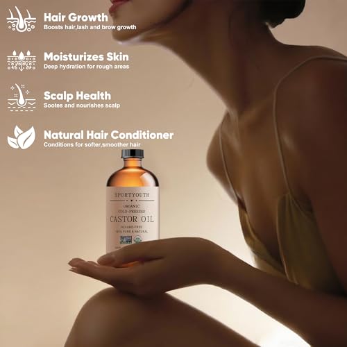 SPORTYOUTH Castor Oil Organic, Cold Pressed, Hexane Free, USDA Certified 100% Pure Glass Bottle 16oz Non-GMO Unrefined Carrier Oil for Hair Growth, Castor Oil Pack, Eyelashes, Brows, Skin, Face