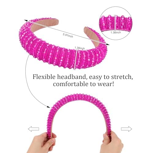 Wecoe 2pcs Pink Rose Red Rhinestone Headbands Women Girls Crystal Beaded Headband Fashion Cute Bling Sparkly Diamond Padded Thick Puffy Headbands Holiday Hair Accessories For Women Girls Gifts