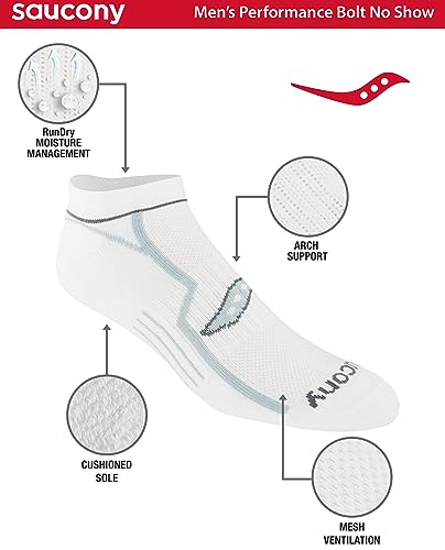 aucony Men's Multi-Pack Bolt Performance Comfort Fit No-Show Socks, White 18, Shoe Size: 8-12, Sock Size: 10-13'
