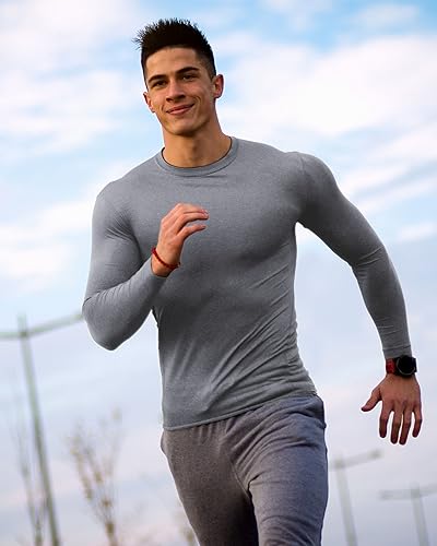 Hicarer 6 Pack Men's Athletic Compression Shirts Long Sleeve Workout Running Undershirt Thermal Sport Base Layer Top(X Large,White, Black and Gray Line, Gray)