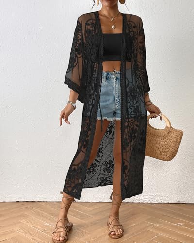 Bsubseach Lace Long Kimonos Women Boho Duster Cardigans Swimsuit Beach Open Front Coverup Sheer Robe Bathing Suit Cover Up Black