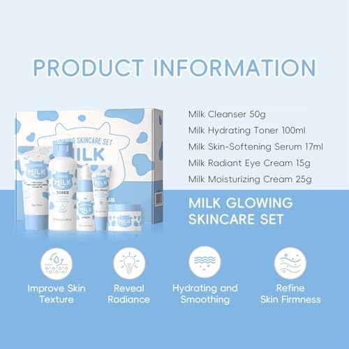 5PCS Milk Skin Care Set for Kids & Women ? Skin Care for Teens 10-12, Skincare for Girls 10-12, Milk Skincare Set with Cleanser, Toner, Serum, Face Cream & Eye Cream ? Gentle Daily Hydration Routine