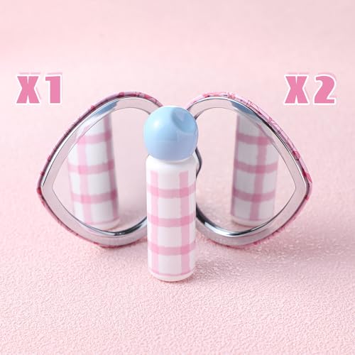 Chunful 6 Pcs Coquette Pink Bow Party Favors for Girls Heart Shaped Compact Mirror Bulk 1x/2x Magnifying Portable Makeup Double Sided Travel Mirror Preppy Back to School Gifts