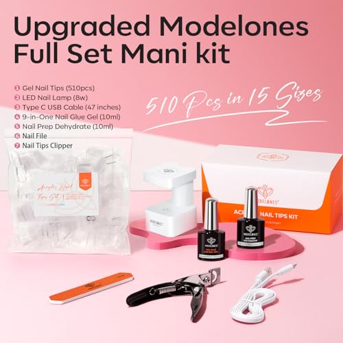 modelones Gel Nail Kit Short Oval Round, Upgrade 510Pcs Fake Nails 15Sizes, 9-in-One Glue Prep Dehydrator & Mini U V Light Clipper, Pre-shaped Half Matte Press on Oval Tips for Extension DIY Salon