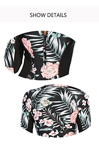 TOKX Women's One Piece Long Sleeve Bathing Suits UV Protection Rash Guard Swimsuit Monokini Swimwear Pink Flowers