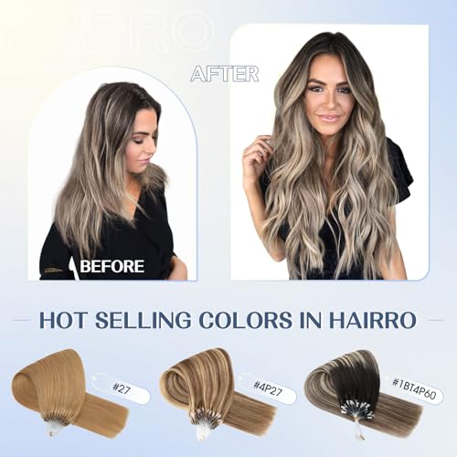 Hairro Microlink Human Hair Extensions Remy Highlight Pre Bonded Cold Fusion Keratin Glue T Tip Hairpieces For Women 16 Inch 50g 50 Strands #1BT4P60