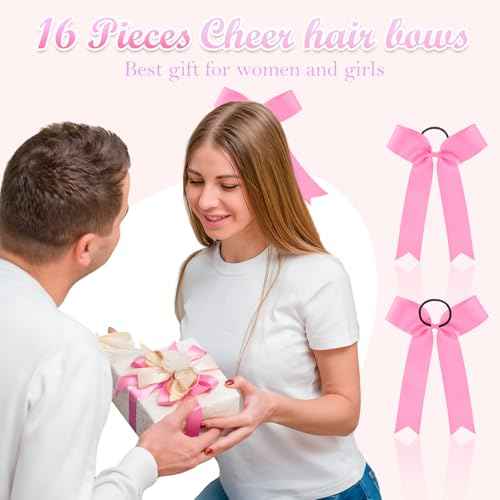 20 Pieces 9.06 inches Collegiate Cheerleader Hair Bows for Women, College Style Long Tail Skinny Cheer Bow Elastic Band Hair Bow Ties for Teen College Sports Cheeleader Sports(Pink)