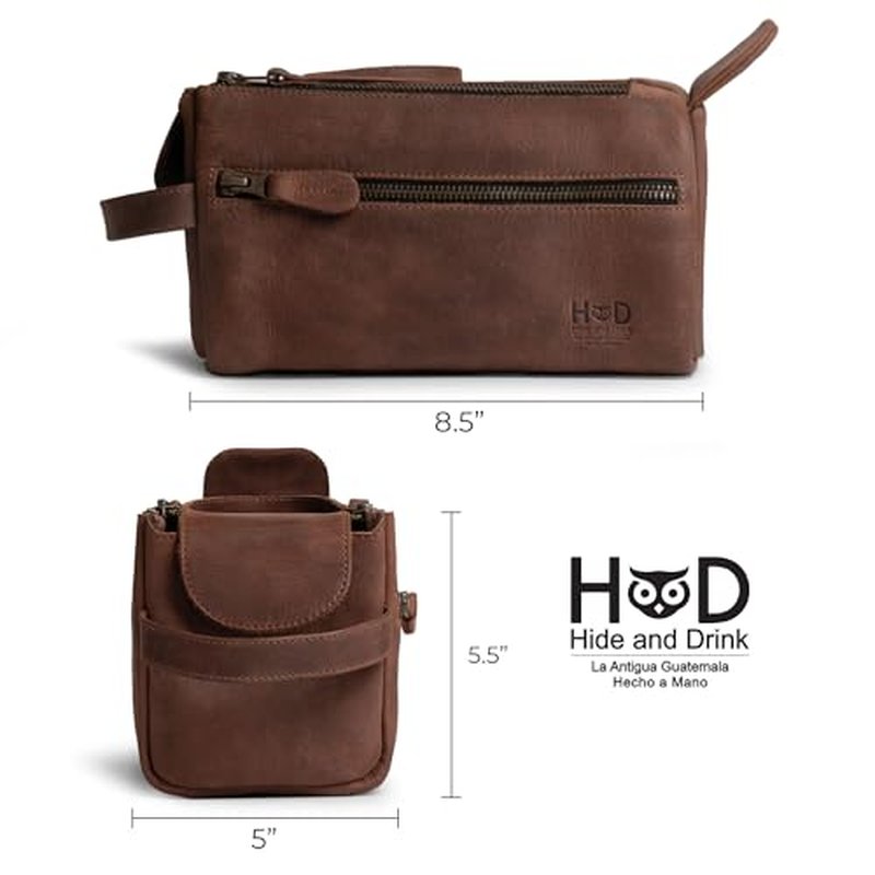 Hide & Drink, Toiletry Bag w/Handles, Hygiene Organizer, Travel Dopp, Razor Case, Bathroom, Shaving, Cosmetic Storage, Travel & Grooming Essentials, Full Grain Leather, Handmade, Bourbon Brown