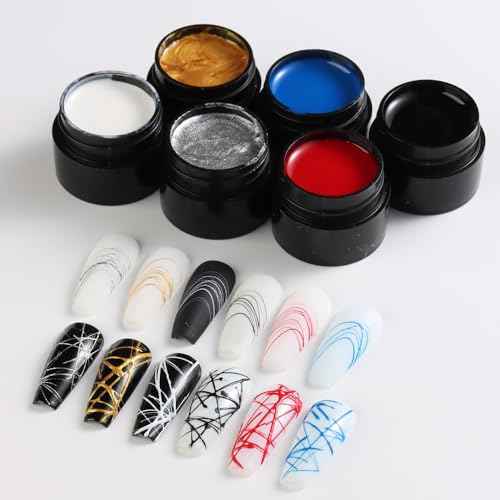 6 Colors Spider Gel Set, Elastic Drawing Spider Gel with Nail Art Brush, White Black Red Blue Gold Silver Paint Wire Drawing Gels Polish Manicure DIY Nail Designs