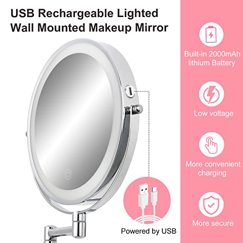 Wall Mounted Makeup Vanity Mirror with Lights, 8¡± Double Sided 1X/10X Wall Mount Magnifying Bathroom Shaving Mirror with 3 Color Lights, Rechargeable Touch Dimmable Extendable Cosmetic