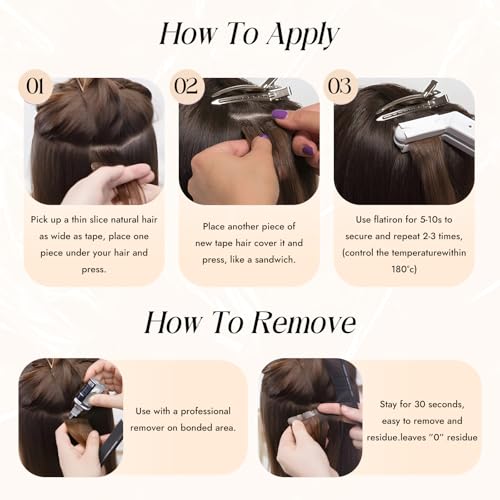 Tape in Human Hair Extensions Straight Seamless Hair Extensions Real Human Hair Tape-in 20 Inch Color #30 Auburn Brown 50Gram Remy Seamless Skin Weft 20Pcs Double Sided Tape ins Add Length for Women