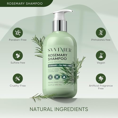 Svvimer Rosemary Hair Growth Shampoo - Thickening Shampoo with Biotin Tea Tree Oil Mint for Hair Loss and Thinning Hair - for Women and Men 11.8 Fl Oz (Pack of 1)