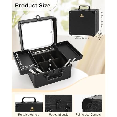 Chomeiu Makeup Bag with Mirror, Travel Train Case Large Cosmetic Organizer with 2 Trays and Vanity Mirror with LED Lights, Brush Holder Storage Box Suitcase for Nail Kits Cosmetics Craft, Black