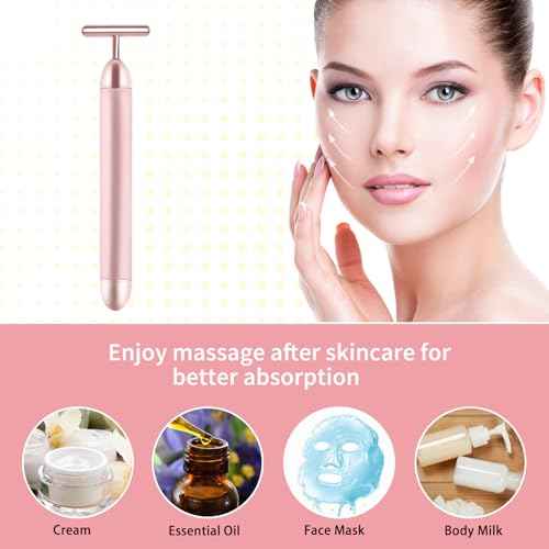 2 Pack T Shape Face Massager Beauty Bar Golden & Pink Facial Massager, Portable Electric Vibration Face Neck Body Massager for Firming Lifting Anti Aging Skin Tightening Wrinkle Reducing