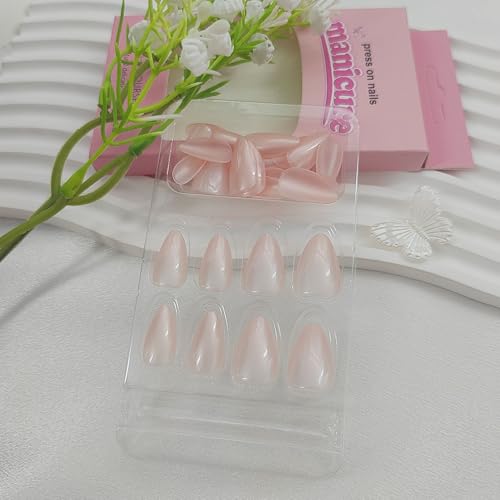 Almond Press On Nails - Chrome Designs, Glossy Glue On, Light Pink, 30 Pcs