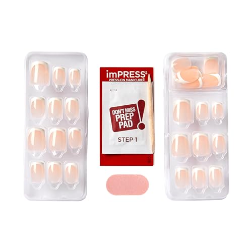 KISS imPRESS No Glue Mani Press On Nails, French, 'Model', Light Neutral + White Tip French, Short Size, Squoval Shape, Includes 30 Nails, Prep Pad, Instructions Sheet, 1 Manicure Stick, 1 Mini File