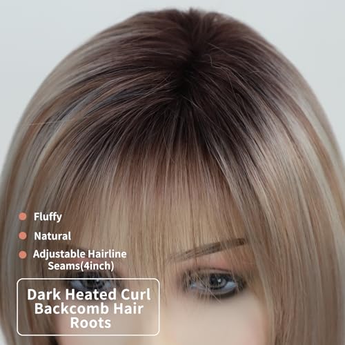 RENERSHOW Layered Blonde Bob Wigs for White Women with Bangs Straight Short Hair Wig Synthetic Ombre Blonde Highlight Bobo Haircuts 12inch Average Size Natural Daily Party Wig