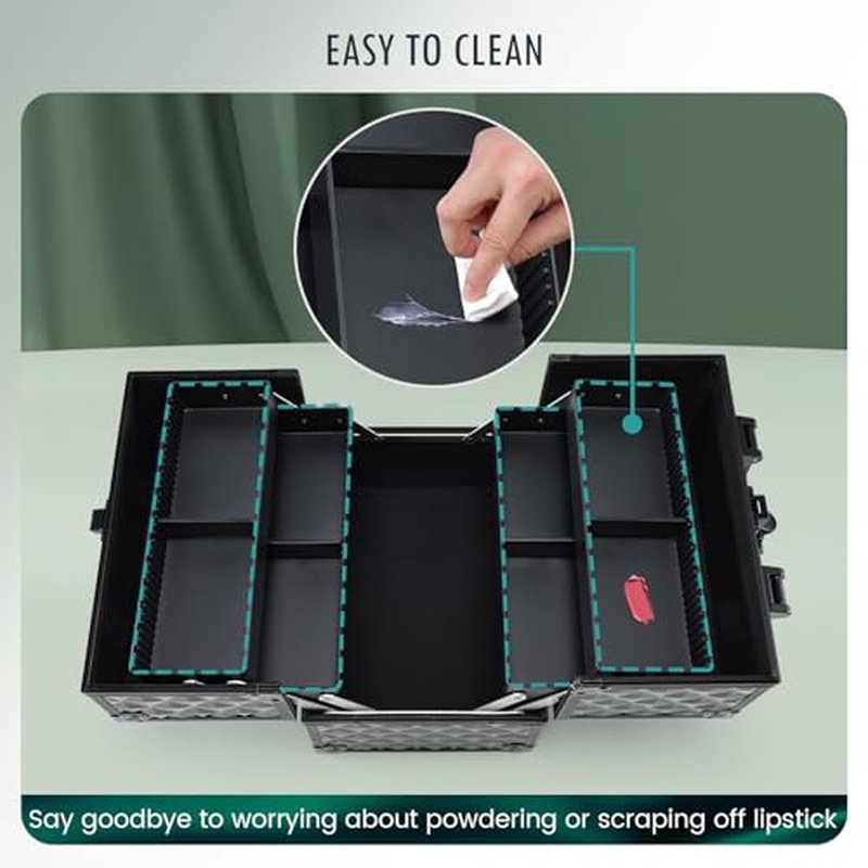 FRENESSA Makeup Case Makeup Box Cosmetic Train Cases Portable Make Up Artist Travel Case Storage Box 4 Trays with Dividers Lockable Hard Makeup Box Craft Nail Kits Case Drak Green