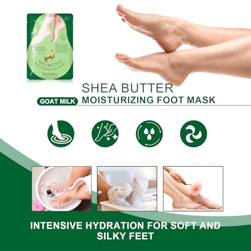 SULADEC Moisturizing Foot Mask with Shea Butter and Goat Milk, Hydrating Foot Masks for Dry Cracked Feet, Dry Skin Moisturizer for Soft and Smooth Touch Feet - Men Women - 5 Pairs