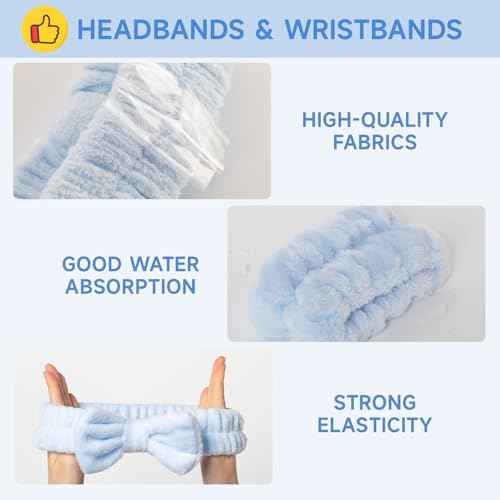 3 PCS Blue Spa Headbands and Wrist Set for Women Girls- Face Wash Headband Wristband Set, Soft Facial Spa Hair Wraps Makeup Skincare Bath Headbands Wrist Bands for Christmas, Birthday Gift