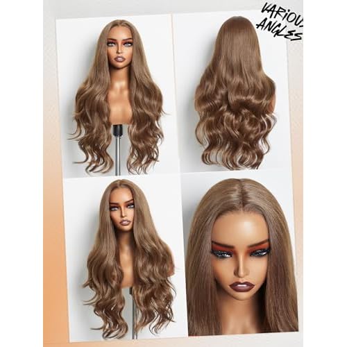GORGIUS Chestnut Brown Loose Wavy Lace Front Wig Glueless Pre Plucked Middle Part Long Synthetic Wig For Women 28 Inch
