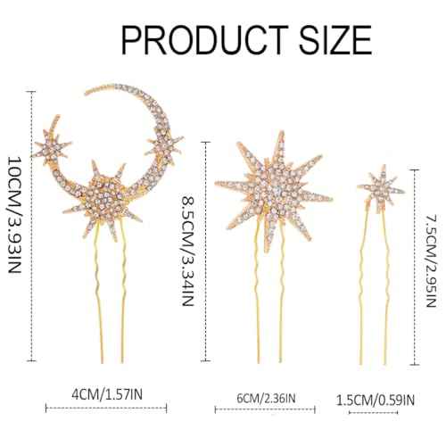 Gold Star Moon Hair Pins Rhinestones Bridal Hair Clips Wedding Hair Accessories for Women(Pack of 5)